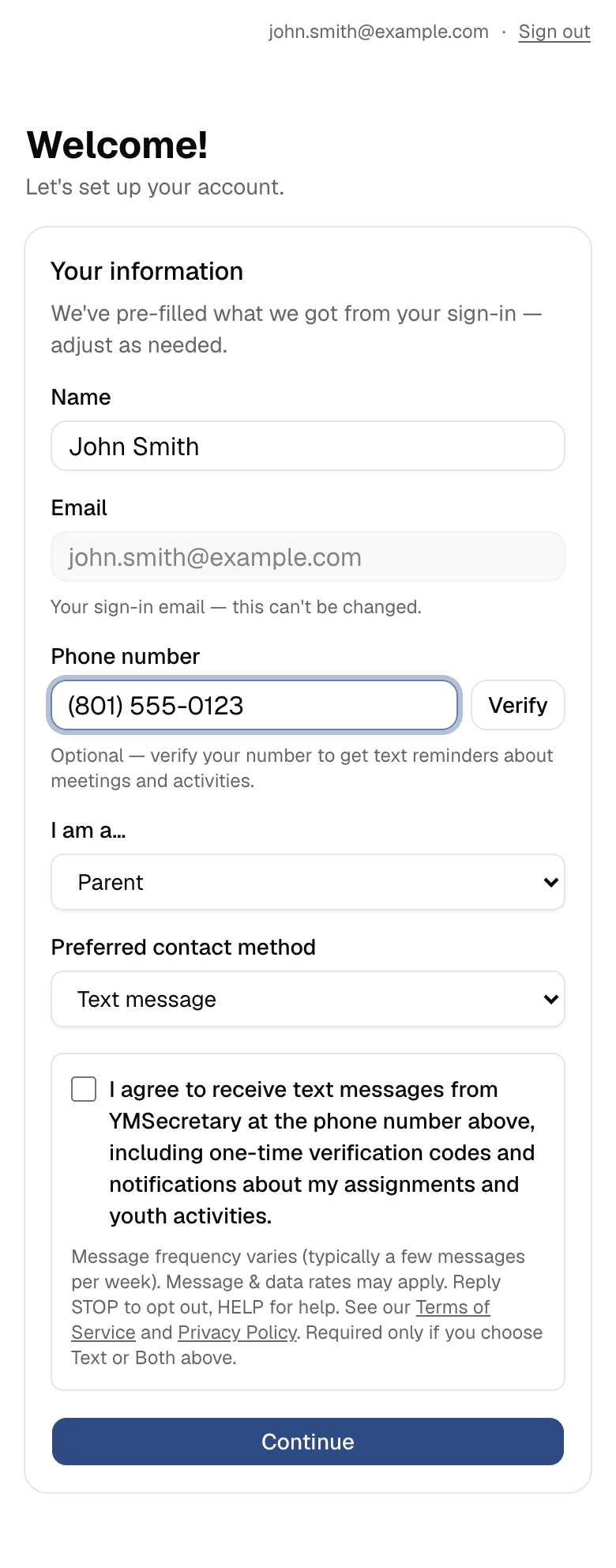 Step 2: the registration form with phone number entered and Text message selected as preferred contact. The SMS consent checkbox is unchecked by default.