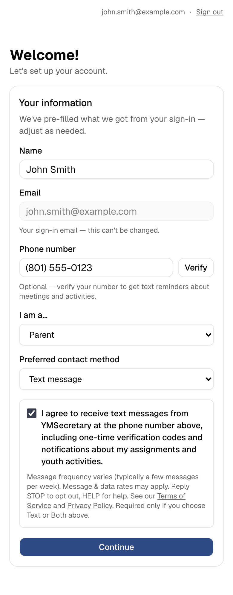 Step 3: the same registration form after the member has checked the SMS consent checkbox, with full carrier disclosures shown below it.